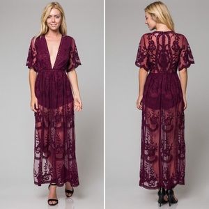 Wine lace maxi dress